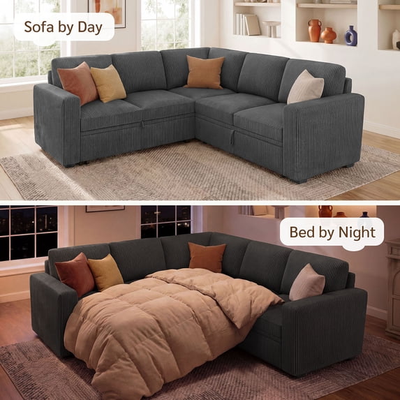 Marrber 83.4” Modular Corduroy Sectional Sleeper Sofa, L-Shaped with Pull-Out Bed and Storage Ottomans for Living Room, Grey