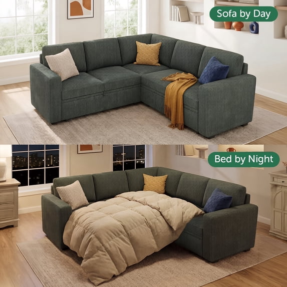 Marrber 83.4” Modular L-Shaped Corduroy Sectional Sleeper Sofa with Pull-Out Bed and Storage for Living Room, Green