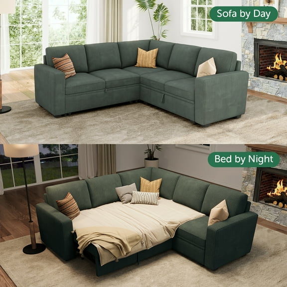 HONBAY 83.4” Modular L-Shaped Corduroy Sectional Sleeper Sofa with Pull-Out Bed and Storage for Living Room, Green