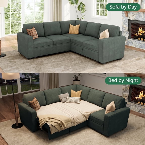 HONBAY 83.4” Modular L-Shaped Corduroy Sectional Sleeper Sofa with Pull-Out Bed and Storage for Living Room, Green