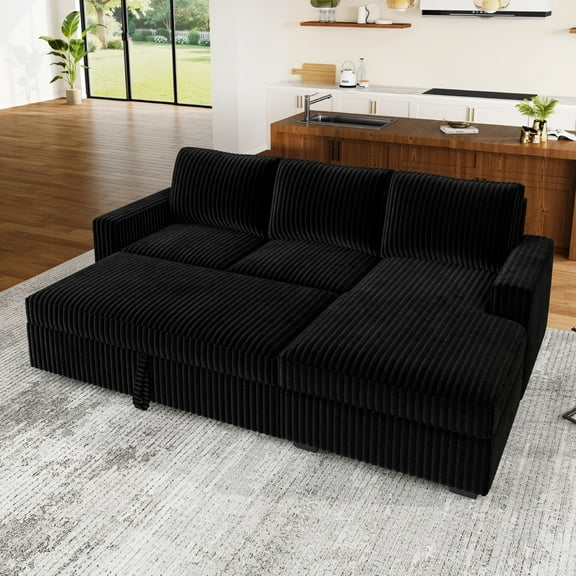 Marrber 87" Modular Sofa Bed, L-Shaped Corduroy Sleeper with Reversible Storage Ottoman, Classic Black