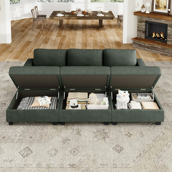 HONBAY 94” Green Corduroy Sectional Sofa Bed Convertible Sleeper Sofa with Storage Ottomans for Living Room
