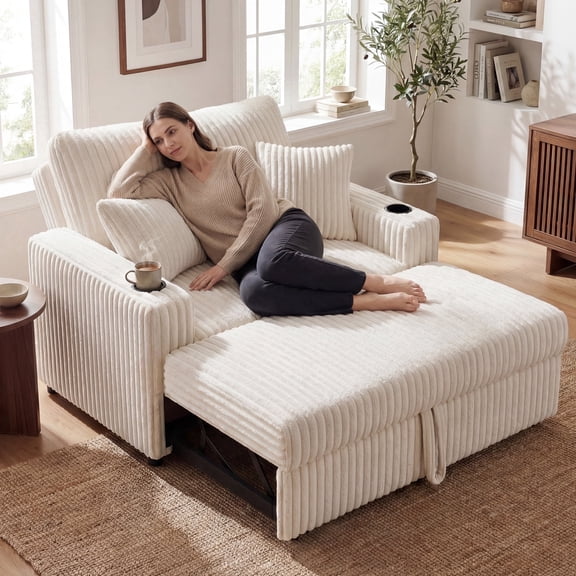 Marrber 52" Convertible Sleeper Loveseat with Reclining Backrest & Cup Holders, Pet-Friendly Corduroy for Small Space, Beige