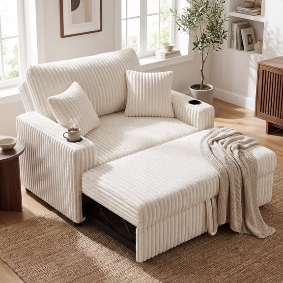 Marrber Beige 52” 3-in-1 Convertible Pull-Out Sofa Bed Sleeper Loveseat with Reclining Backrest, Built-in Cup Holders, Pet-Friendly Corduroy Sofa for Small Space
