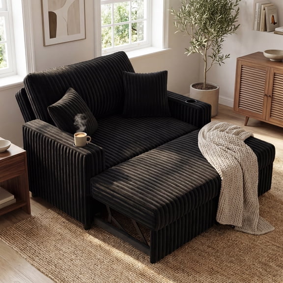 Marrber Black 52” 3-in-1 Convertible Pull-Out Sofa Bed Sleeper Loveseat with Reclining Backrest, Built-in Cup Holders, Pet-Friendly Corduroy Sofa for Small Space