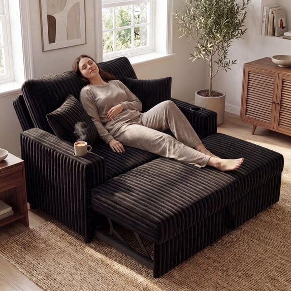 Marrber Black 52” 3-in-1 Convertible Pull-Out Sofa Bed Sleeper Loveseat with Reclining Backrest, Built-in Cup Holders, Pet-Friendly Corduroy Sofa for Small Space