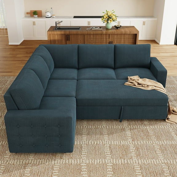 Marrber Blue 87" Compact Corner L Shaped Convertible Sectional Sofa with Pull Out Bed and Storage, Corduroy Tufted