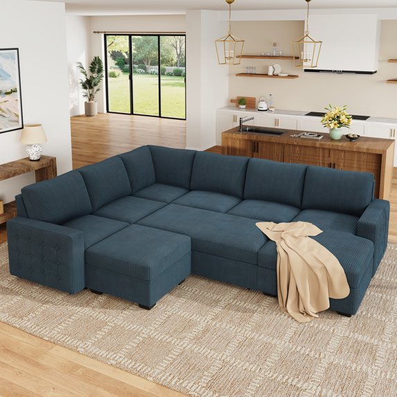 Marrber Blue Extra Large Convertible Sectional Sofa with Pull Out Bed, Storage and Ottoman, Corduroy Tufted
