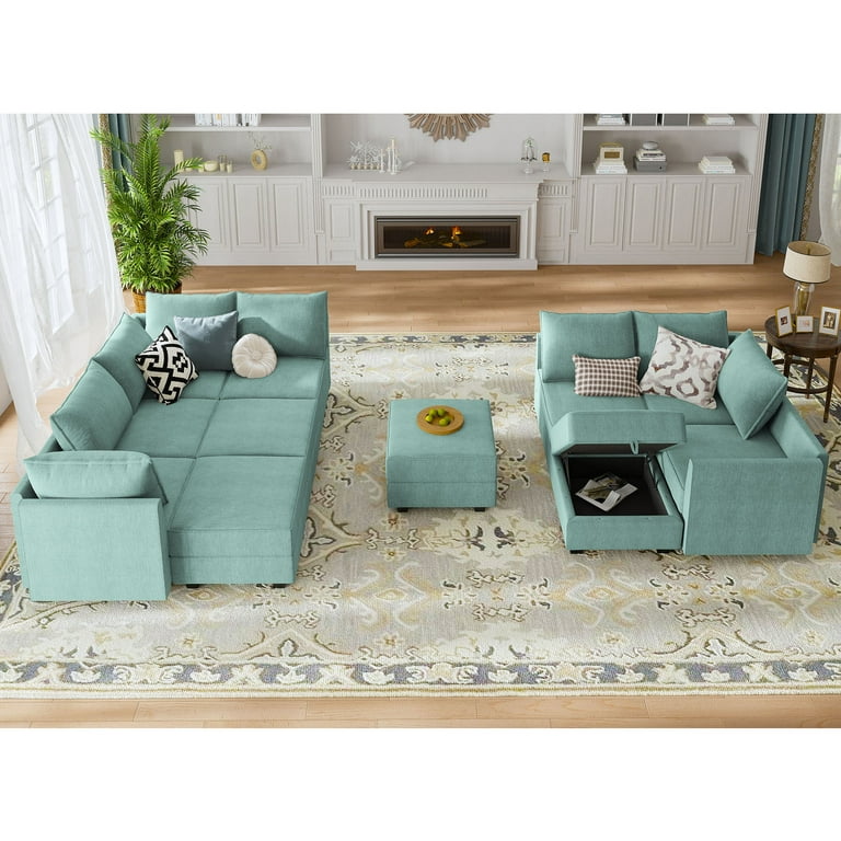 HONBAY Contemporary Linen Sectional Storage Sofa Couch for Living Room Furniture Sets Aqua Blue