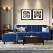 HONBAY Contemporary Velvet  Sectional Sofa Couch for Living Room Furniture Sets in Navy Blue