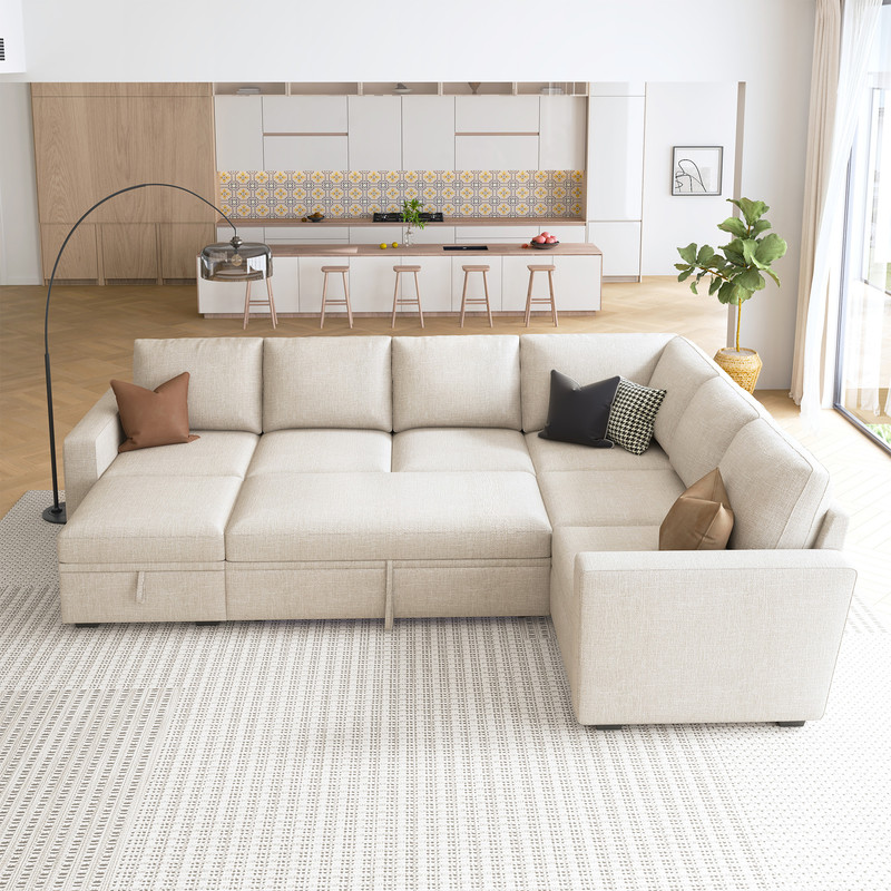 HONBAY Convertible Linen Sleeper Sofa Couch Pull Out Sofa with Storage for Living Room Furniture Sets, Beige