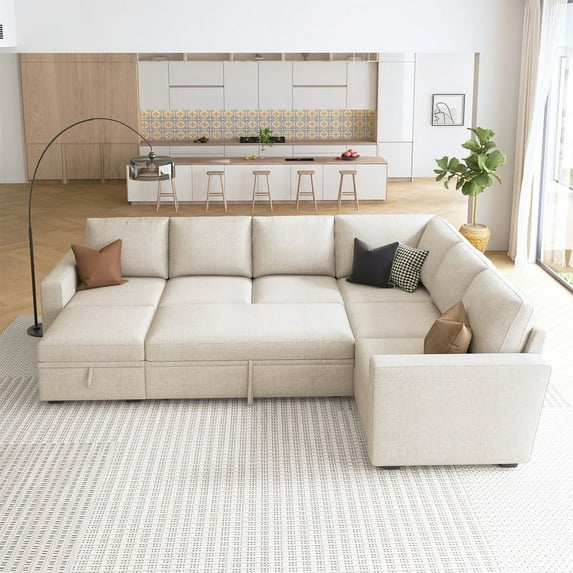 HONBAY Convertible Linen Sleeper Sofa Couch Pull Out Sofa with Storage for Living Room Furniture Sets, Beige