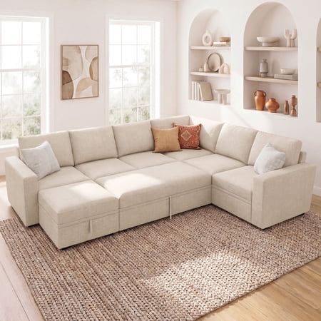 Marrber Convertible Linen Sleeper Sofa Couch Pull Out Sofa with Storage for Living Room Furniture Sets, Beige
