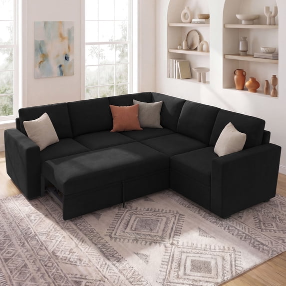 Marrber Convertible Linen Upholstered Sectional Sofa Sleeper Pull-Out Sofa Bed with Storage for Living Room Furniture Sets, Velvet Black