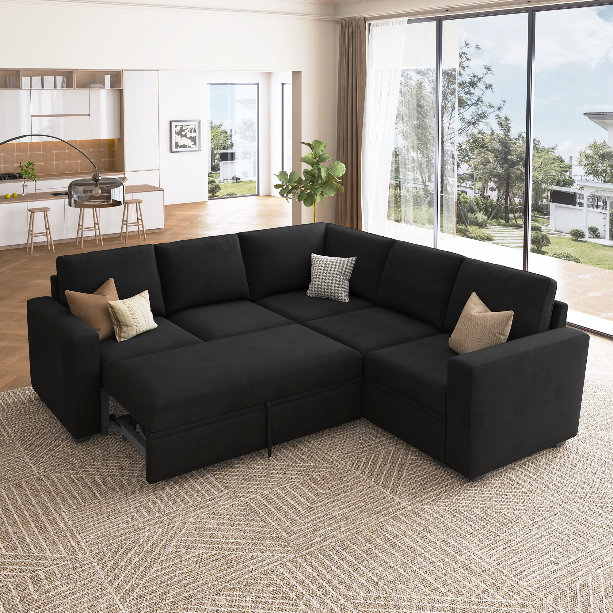HONBAY Convertible Linen Upholstered Sectional Sofa Sleeper Pull-Out ...