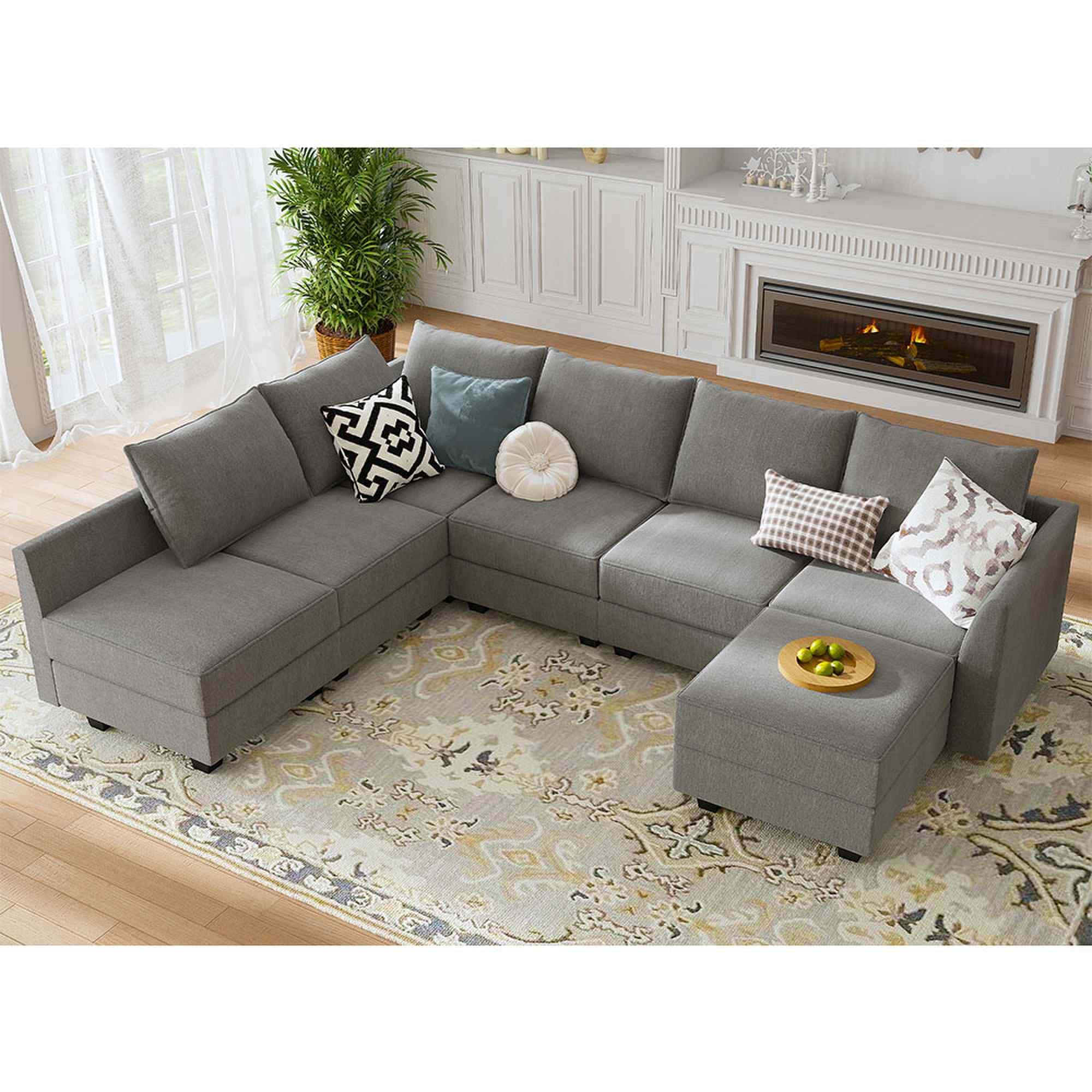 Honbay Polyester 112.6'' Wide 6-Seater Modular Sectional Sofa with Storage Ottoman, Modular Sofa with Bed, Modular Sleeper Sofas, Bluish Grey