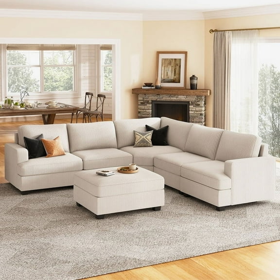 HONBAY Convertible Modular Sofa Bed Sleeper 6-Seater Corduroy with Upholstered Cushion and Storage for Living Room, Beige