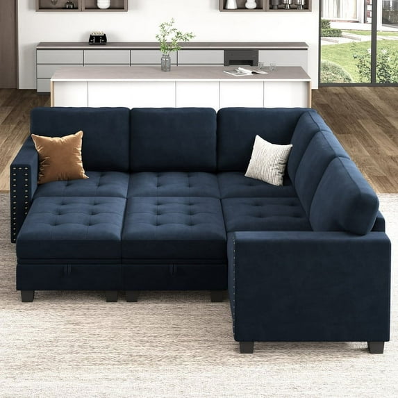 HONBAY Convertible Oversized Sleeper Sectional Sofa Sets with Storage for Bedroom, Dark Blue