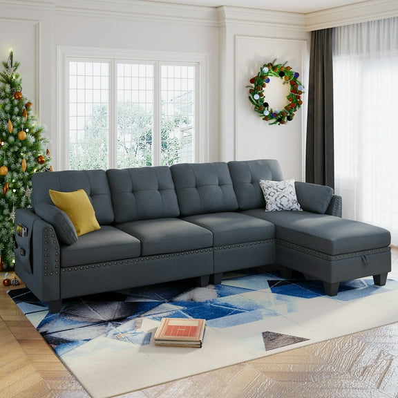 HONBAY Convertible Sectional Sofa Couch L-Shape Couch with Reversible Chaise 4 seat Sofa for Apartment Bluish Grey
