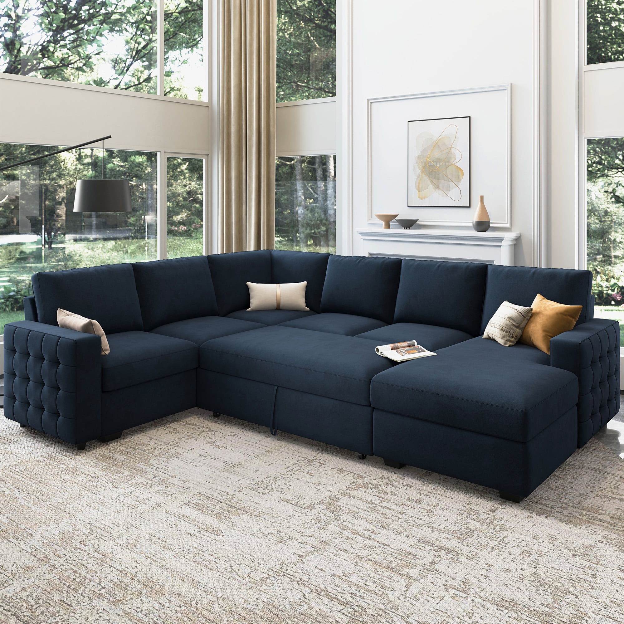 HONBAY Convertible Sectional Sleeper Couch with Pull Out Bed and Storage Dark Blue Walmart