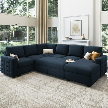 HONBAY Convertible Sectional Sofa with Pull Out Bed and Storage Space for Living Room Furniture Sets, Dark Blue