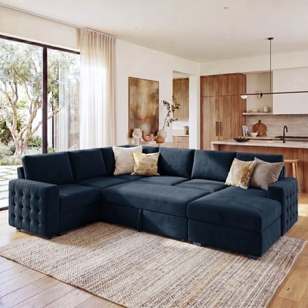 Marrber Convertible Sectional Sofa with Pull Out Bed and Storage Space for Living Room Furniture Sets, Dark Blue