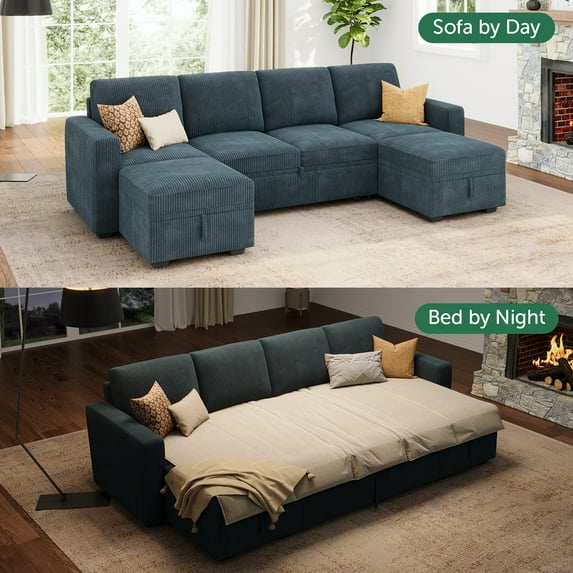 HONBAY Convertible U-Shaped Corduroy Modular Sectional Sleeper Sofa Bed with Pull-Out Design and Hidden Storage, Blue