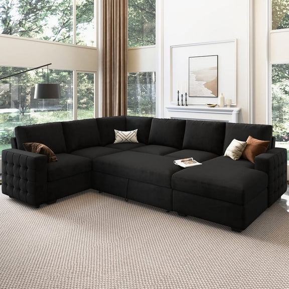 HONBAY U-Shaped Sectional Pull Out Sofa Bed with Storage Chaise Convertible Sleeper Sofa for Living Room, Black