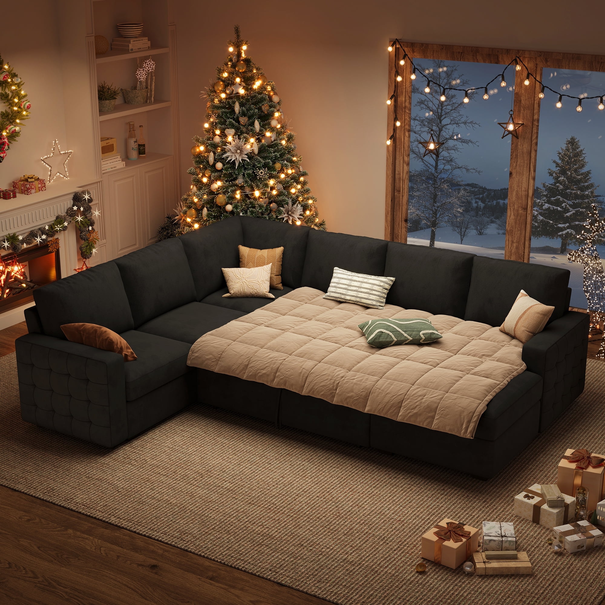 HONBAY Corner Pull Out Sofa Bed Convertible Sleeper Sofa Couch with Storage Chaise for Living Room Black