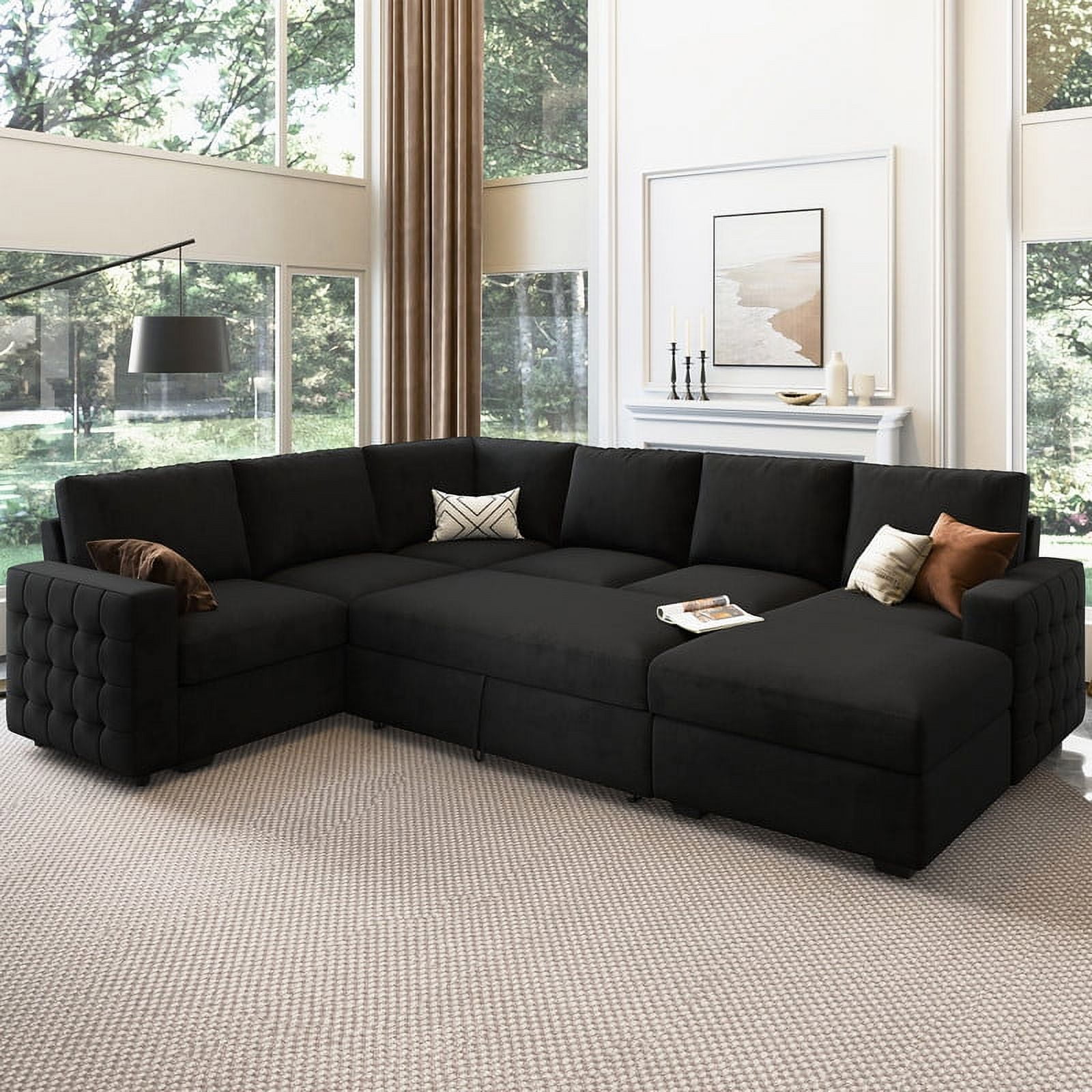 HONBAY U-Shaped Sectional Pull Out Sofa Bed  with Storage Chaise Convertible Sleeper Sofa for Living Room, Black