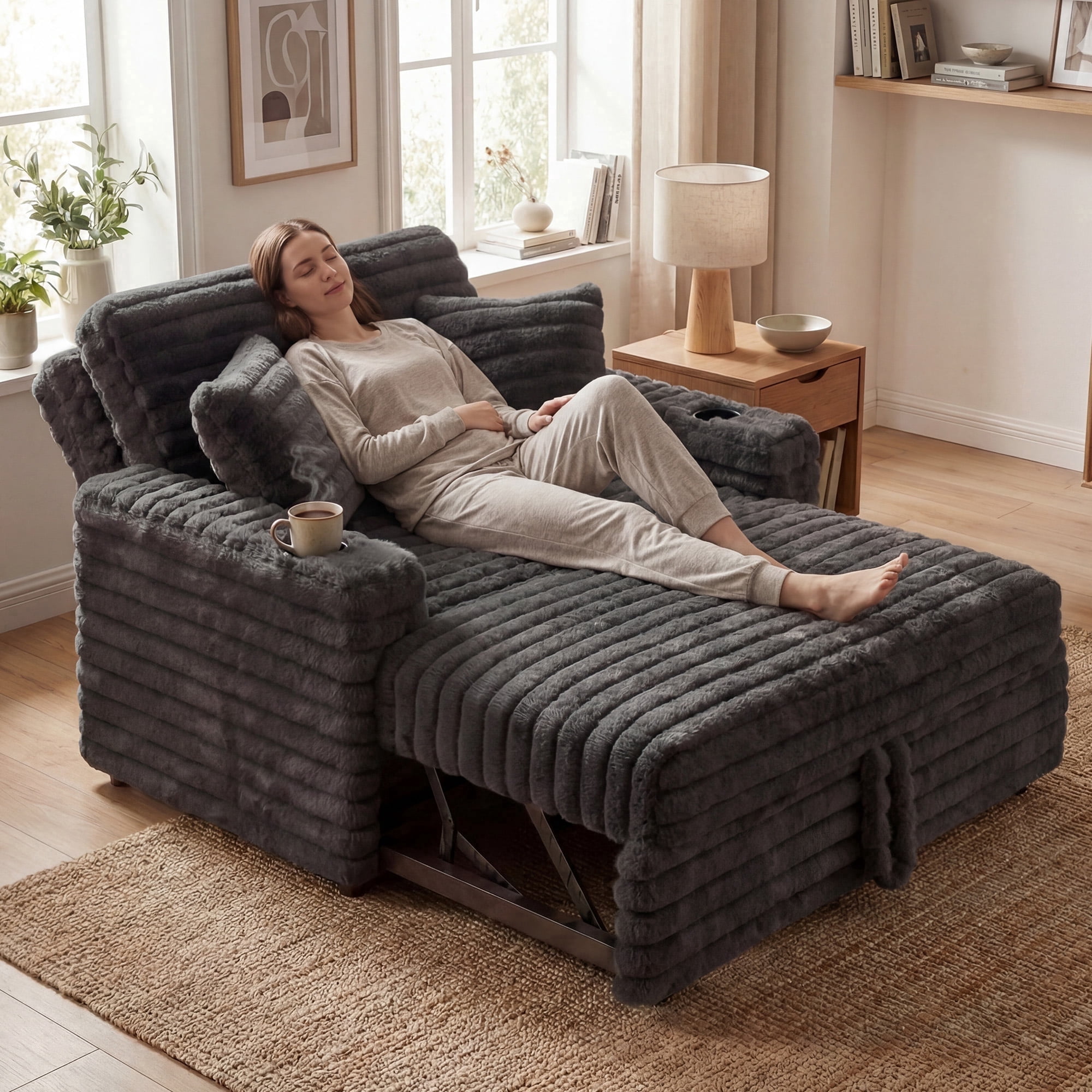 Marrber Gray Plush Sofa 52” 3-in-1 Convertible Pull-Out Sofa Bed Sleeper Loveseat with Reclining Backrest, Built-in Cup Holders, Corduroy Upholstered Sofa for Small Space