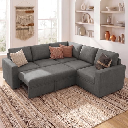 Marrber L-Shape Sleeper Sectional Sofa with Storage Chaise and Pull-Out Bed for Living Room and Apartment, Dark Grey