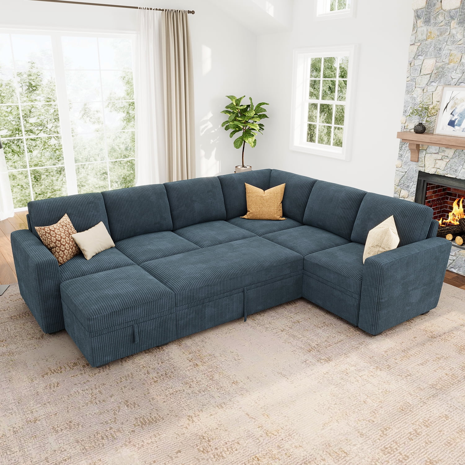 HONBAY L-Shaped Corduroy Convertible Sectional Sofa Bed, Pull-Out Sleeper with Hidden Storage for Large Spaces, Blue