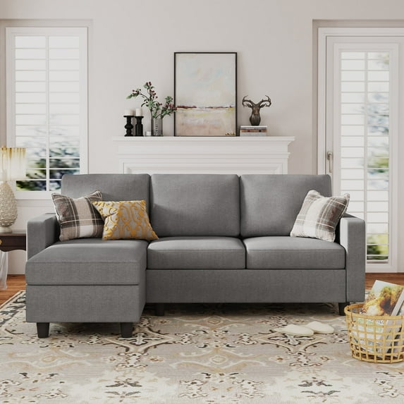 HONBAY L Shaped Sofa Sectional Couch with Movable Ottoman for Living Room Furniture Set, Linen Gray