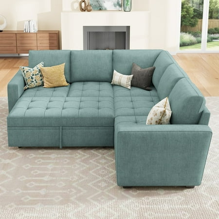 HONBAY L-Shaped Tufted Modular Sectional Pull-Out Sofa Bed with Storage for Living Room, Aqua Blue