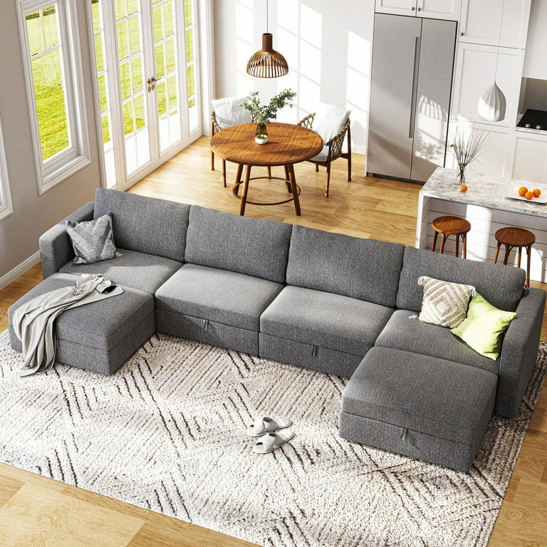 HONBAY Linen Fabric Deep Sofa Convertible U Shaped Sectional Sofa with Storage Seats and Ottomans for Living Room Sets Light Grey