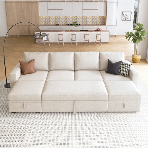 HONBAY Linen Modern Pull-Out Sleeper Sofa Bed with Storage Chaise, Beige