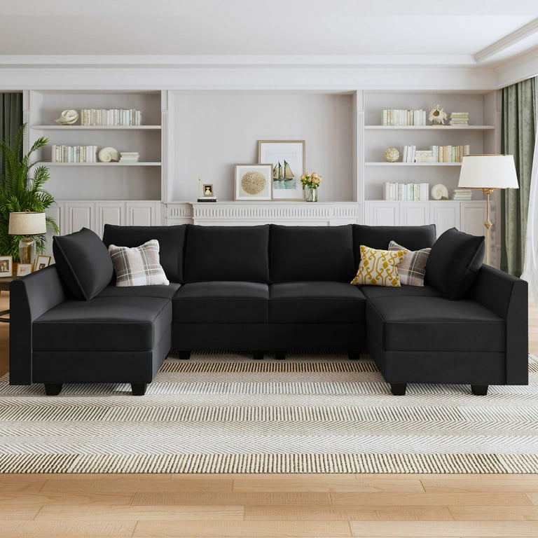HONBAY Mid Century Black Velvet U Shaped Sectional Sofa with Storage Ideal for Living Room Furniture Walmart
