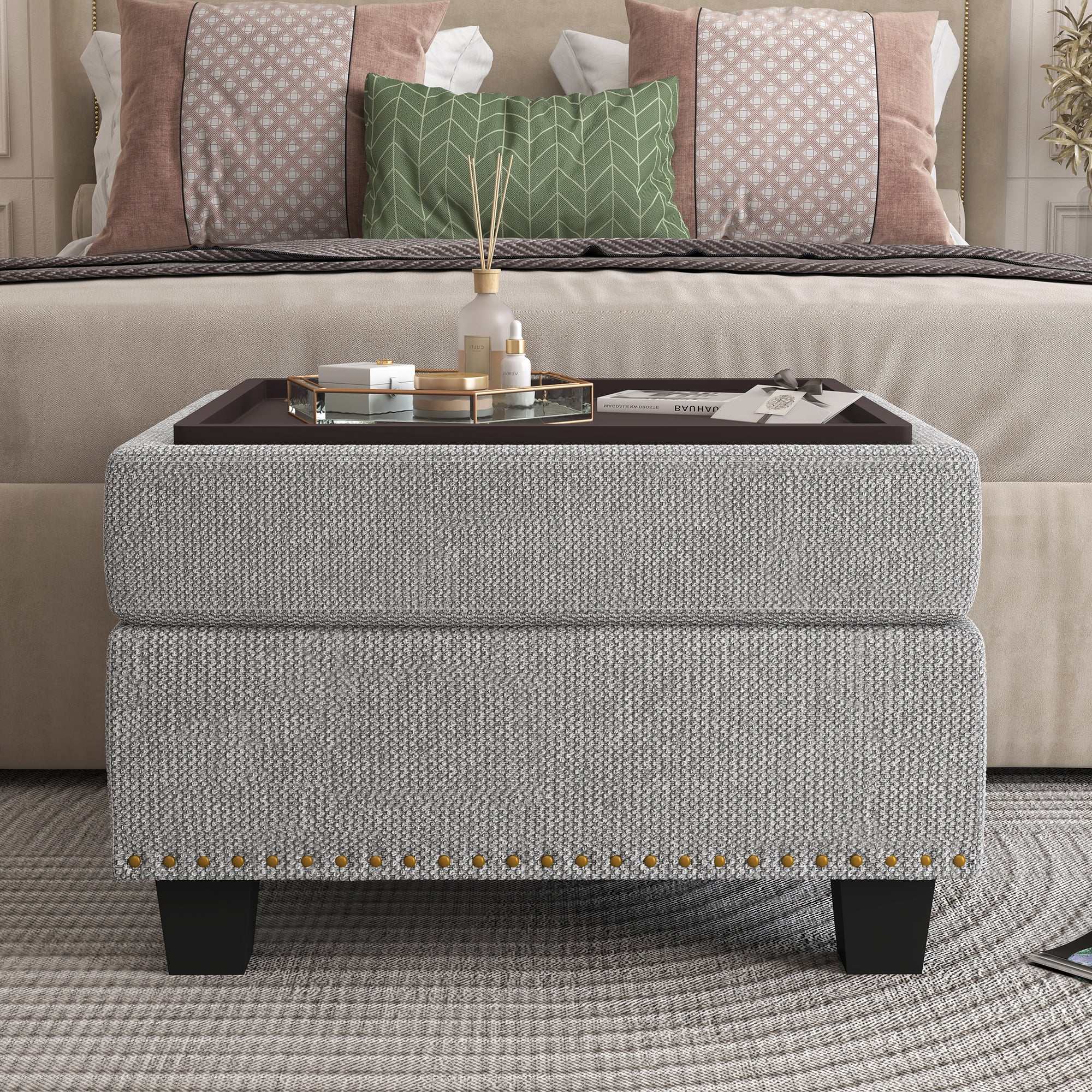 HONBAY Mid Century Rivet Gray Storage Ottoman for Fabric Sofa Set