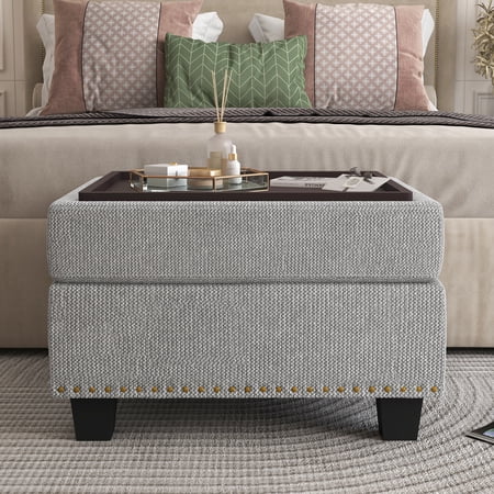 HONBAY Mid-Century Rivet Gray Storage Ottoman for Fabric Sofa Set, Light Grey
