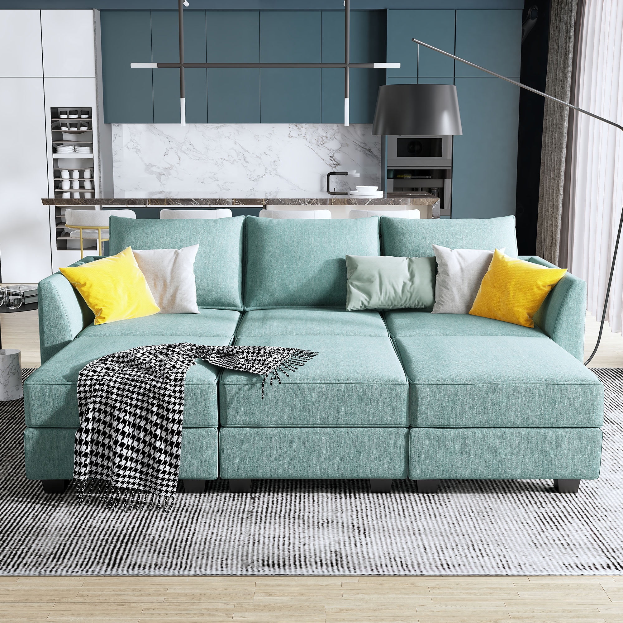 HONBAY Modern Aqua Blue Sleeper Sectional Couch Sofa with Storage