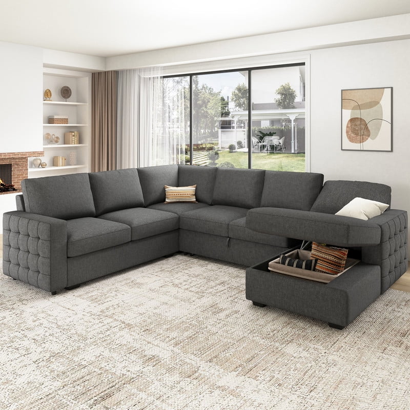 HONBAY Modern Convertible Sleeper Corner Sofa Couch PullOut Bed with Storage Chaise, Light Gray