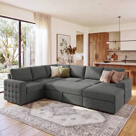 Marrber Convertible Sectional Sleeper Sofa U-Shaped Corner Couch Lift Pull-Out with Storage for Living Room, Light Gray