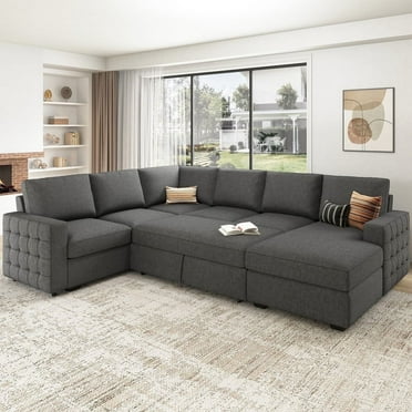 HONBAY Convertible Sectional Sleeper Sofa U-Shaped Corner Couch Lift Pull-Out with Storage for Living Room, Light Gray