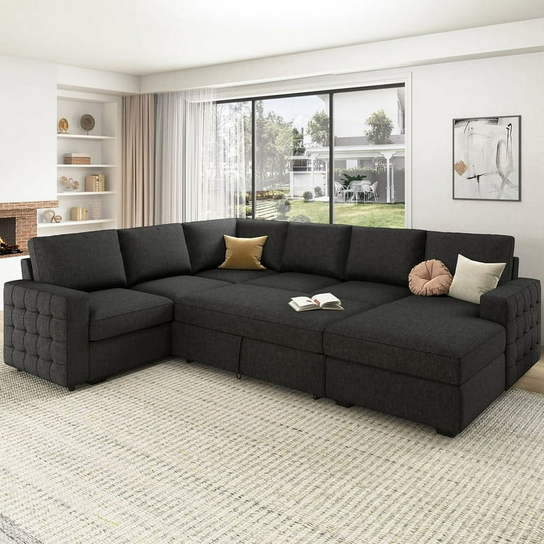 HONBAY Modern Convertible Sleeper Sectional Sofa with Pull out Bed Storage Chaise and Tufted Arm Design Dark Grey Walmart