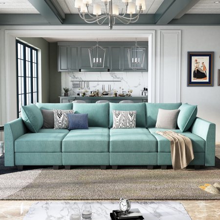 HONBAY Modern Convertible Sleeper Sofa Bed with Storage Ottomans for Living Room Space, Aqua Blue