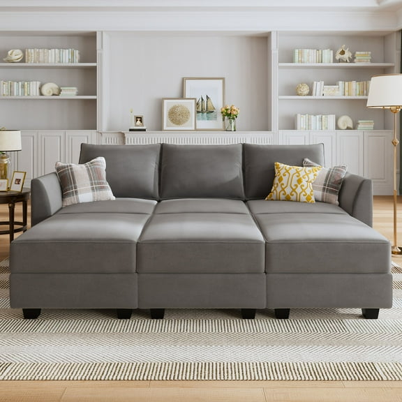 Honbay Modern Convertible Modular Sectional Sofa with Ottoman Velvet Sleeper Couch with Chaise and Storage, Pearl Grey