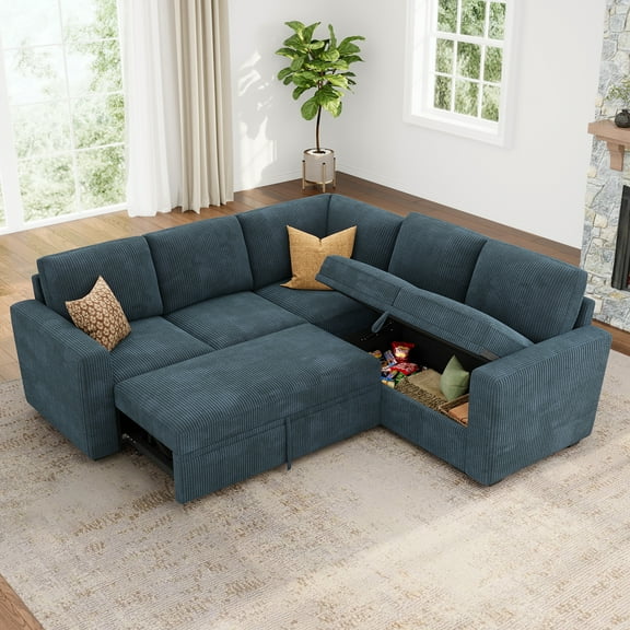 HONBAY Modern Corduroy L-Shaped Sectional Sleeper Sofa, Modular Design with Pull-Out Bed and Storage, Blue