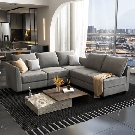 HONBAY Modern Cozy Modular Sectional Couch with Storage Ottoman L-Shaped Sofa for Living Room, Apartment, Grey