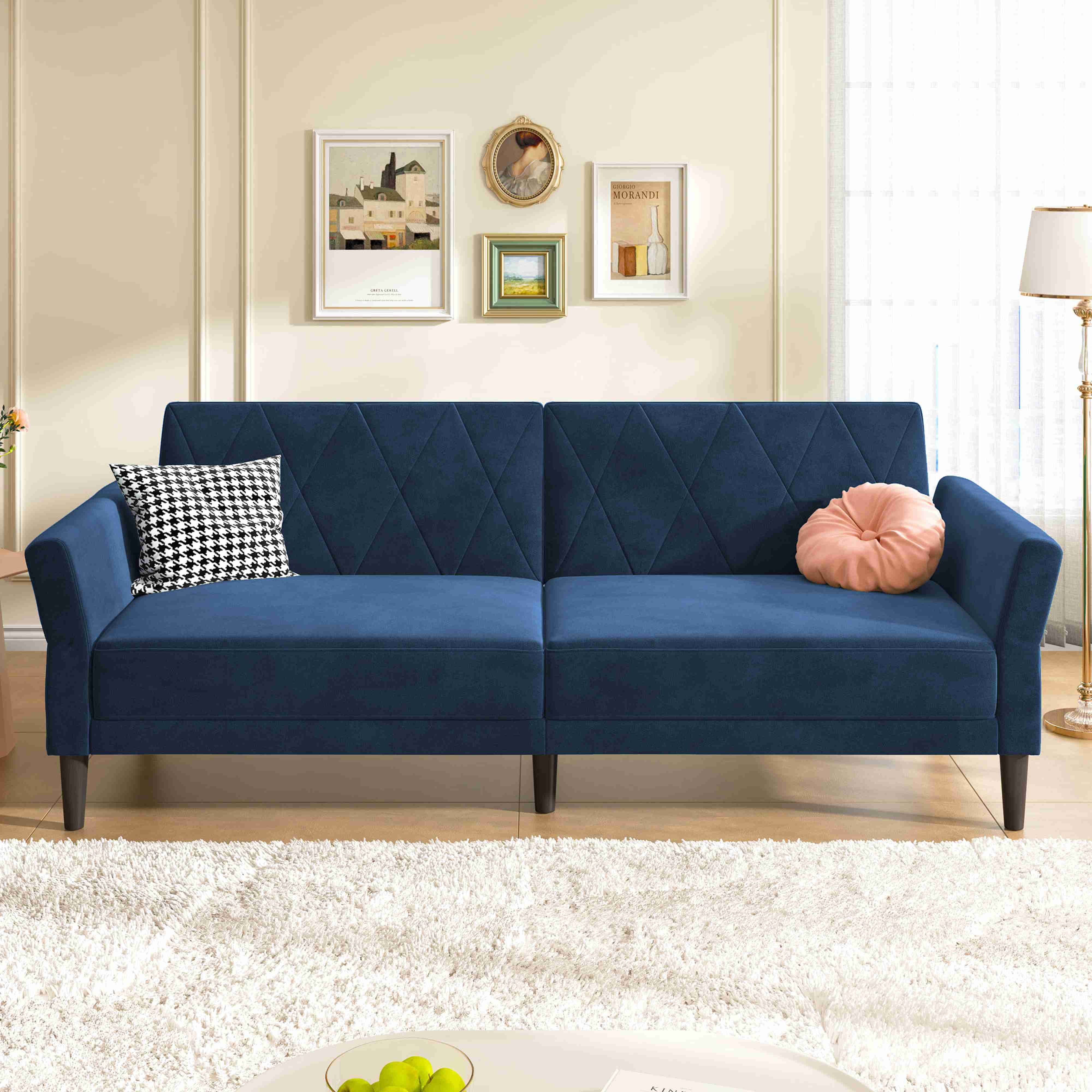 HONBAY Modern Elegant Velvet Convertible Loveseat Sleeper Sofa for living room Blue